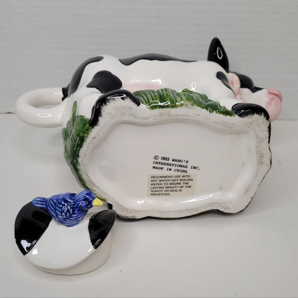 Black White Holstein Cow Teapot with Blue Bird on Back Vintage Wangs Intl Cerami